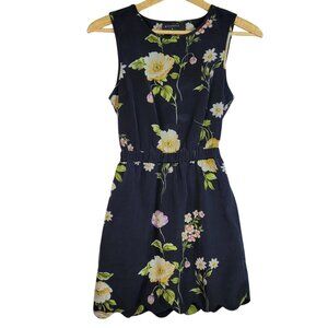 Bycorpus Floral Dress Blue XS Sleeveless Zip Scallop Back Overlay Cutout Pockets